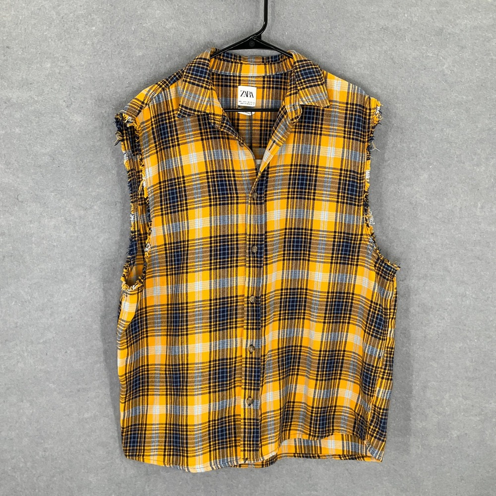 Zara Relaxed Fit Women's L Sleeveless Flannel Button Up Plaid Shirt Streetwear